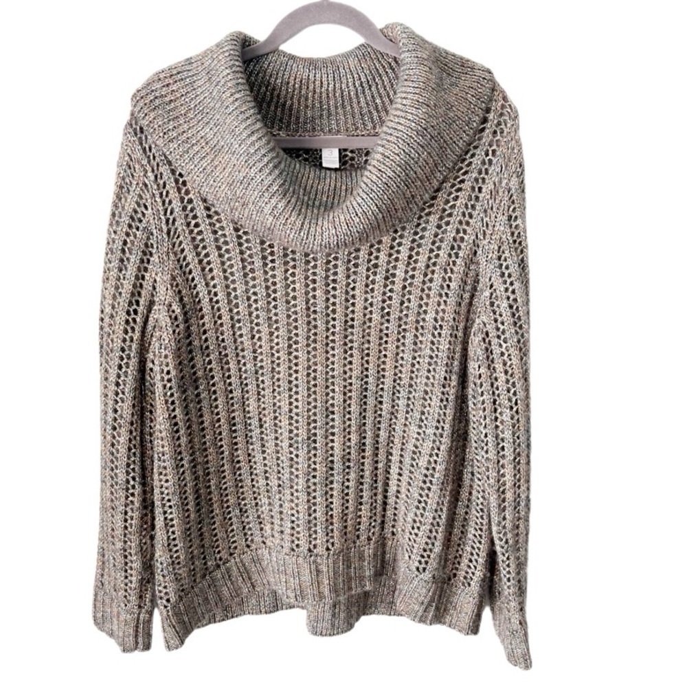 Chico's Sweater Women's XL 16 Wool Blend Metallic Cowl Neck Open Knit‎
